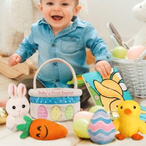 Baby's First Easter Theme Basket Playset, 5ct Stuffed Plush Bunny Chick Carrot Egg for Baby Girls Boys, Party Decorations Favors Stuffers Gifts, Supplies