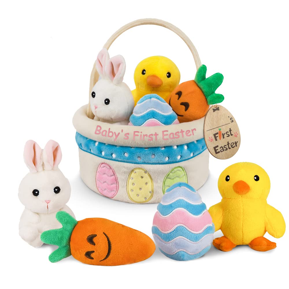 Baby's First Easter Theme Basket Playset, 5ct Stuffed Plush Bunny Chick Carrot Egg for Baby Girls Boys, Party Decorations Favors Stuffers Gifts, Supplies