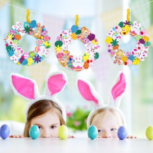 Whaline 12 Sets Easter Foam Stickers Easter Wreath Signs with 400Pcs Cute Bunny Egg Stickers, Rhinestone Sticker, 100Pcs Pom Balls and Yellow Ribbons DIY Foam Wreath Signs for Easter Holiday Party Art