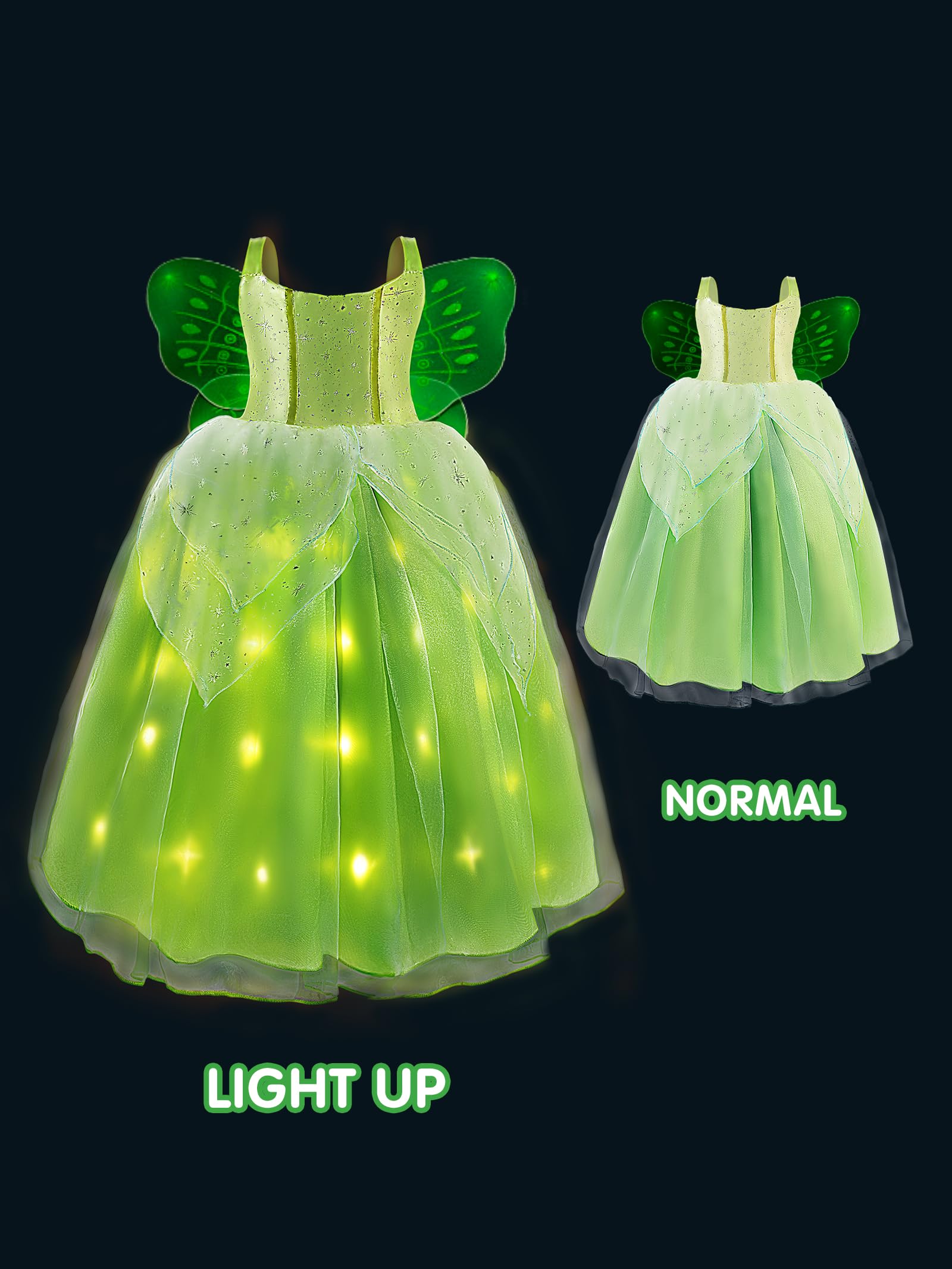 UPORPOR Light Up Fairy Costumes Girls Halloween Dress Kids Dressing Up Clothes Birthday Party Fancy led Costume, with Wing Green, 110