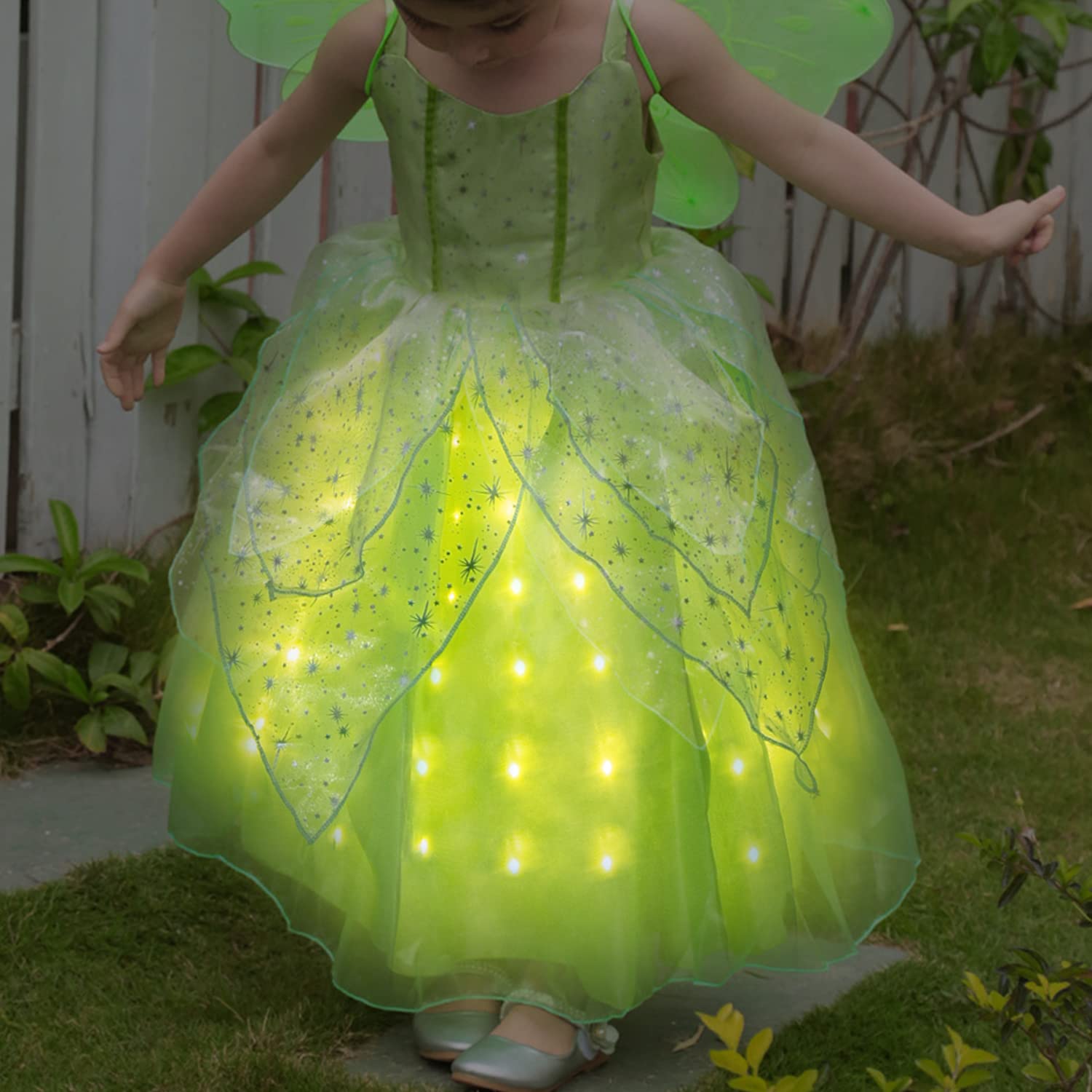 UPORPOR Light Up Fairy Costumes Girls Halloween Dress Kids Dressing Up Clothes Birthday Party Fancy led Costume, with Wing Green, 110