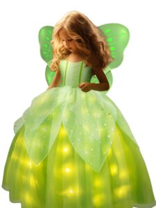 uporpor light up fairy costumes girls halloween dress kids dressing up clothes birthday party fancy led costume, with wing green, 110