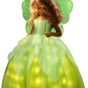 UPORPOR Light Up Fairy Costumes Girls Halloween Dress Kids Dressing Up Clothes Birthday Party Fancy led Costume, with Wing Green, 110