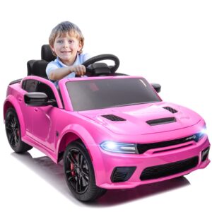 segmart 12v kids ride on car licensed dodge charger electric car for kids with remote control, 3 speed kids electric vehicles with suspension system, led light, mp3 & bluetooth (pink)