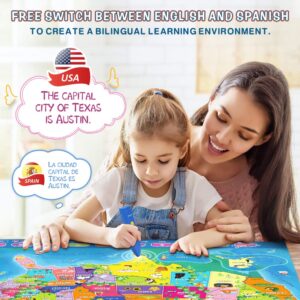 Qiaojoy Bilingual Interactive Map for Kids Talking USA Map for Kids Learning Geography Toys Games Ages 3 to 12 Educational Electronic USA Map i-Poster Gift for 4 5 6 7 8 9 10 Year Old Girls Boys