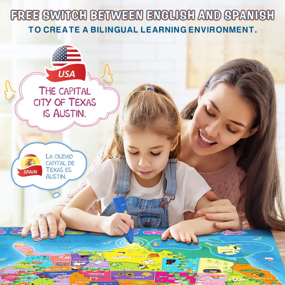 Qiaojoy Bilingual Interactive Map for Kids Talking USA Map for Kids Learning Geography Toys Games Ages 3 to 12 Educational Electronic USA Map i-Poster Gift for 4 5 6 7 8 9 10 Year Old Girls Boys