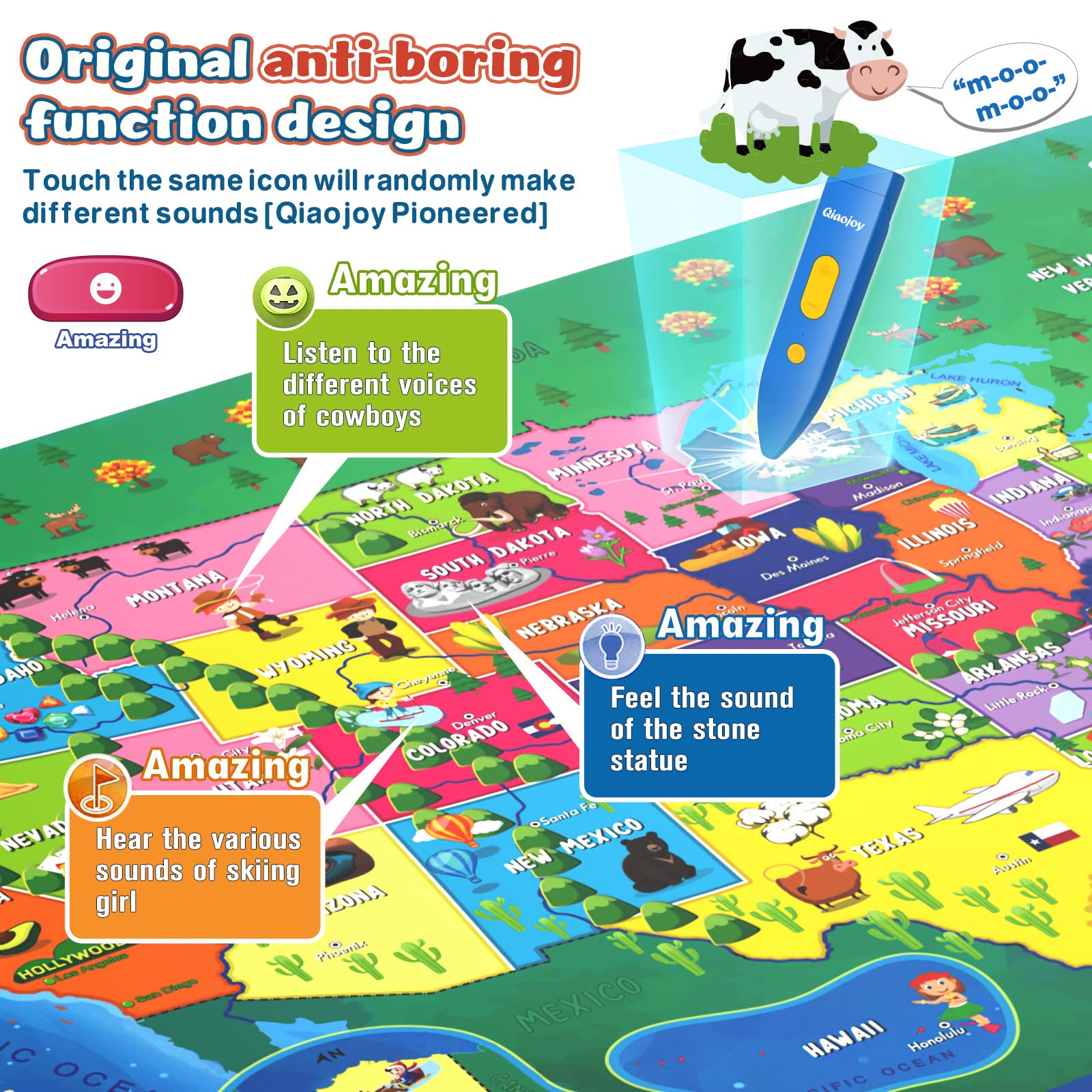 Qiaojoy Bilingual Interactive Map for Kids Talking USA Map for Kids Learning Geography Toys Games Ages 3 to 12 Educational Electronic USA Map i-Poster Gift for 4 5 6 7 8 9 10 Year Old Girls Boys