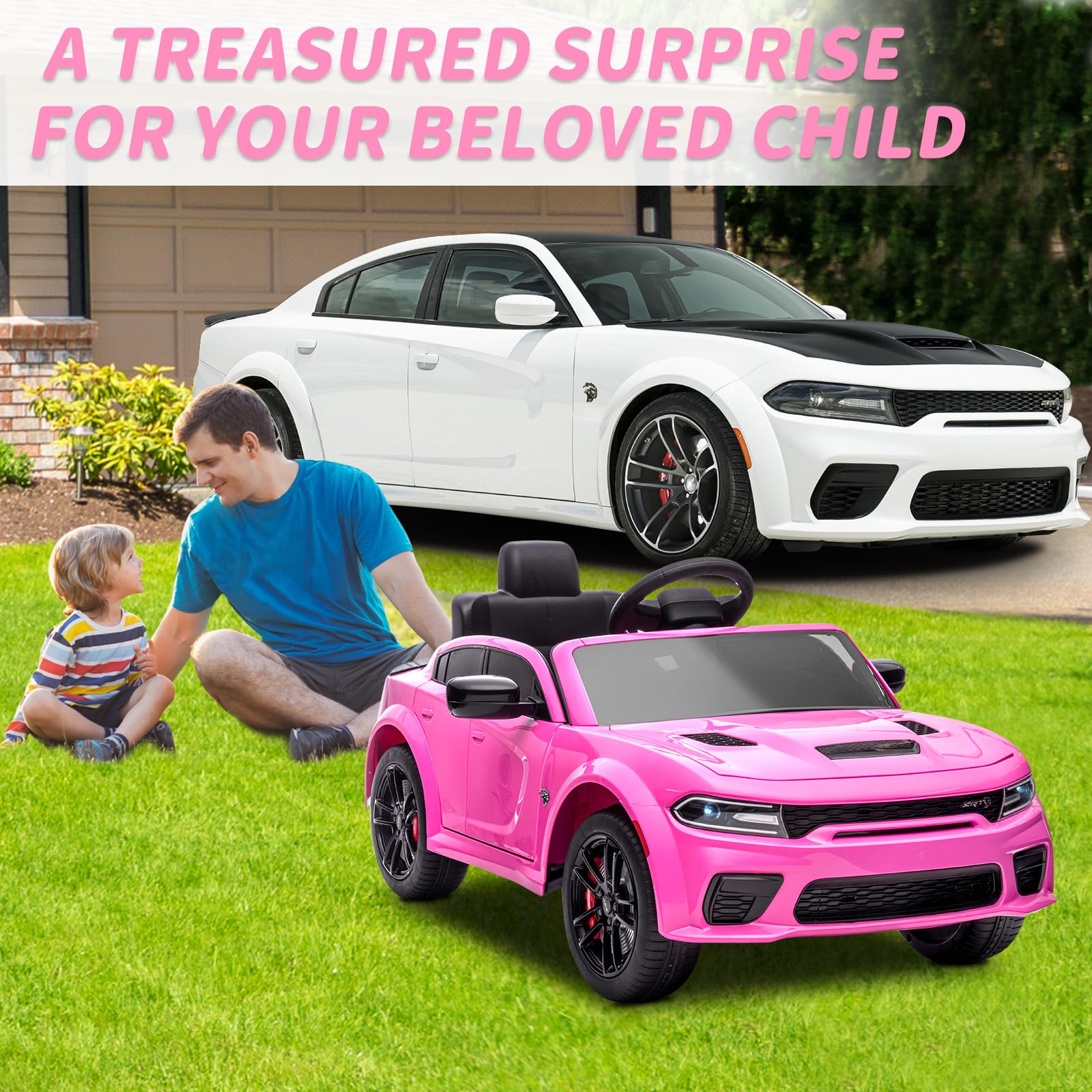 SEGMART 12V Kids Ride on Car Licensed Dodge Charger Electric Car for Kids with Remote Control, 3 Speed Kids Electric Vehicles with Suspension System, LED Light, MP3 & Bluetooth (Pink)