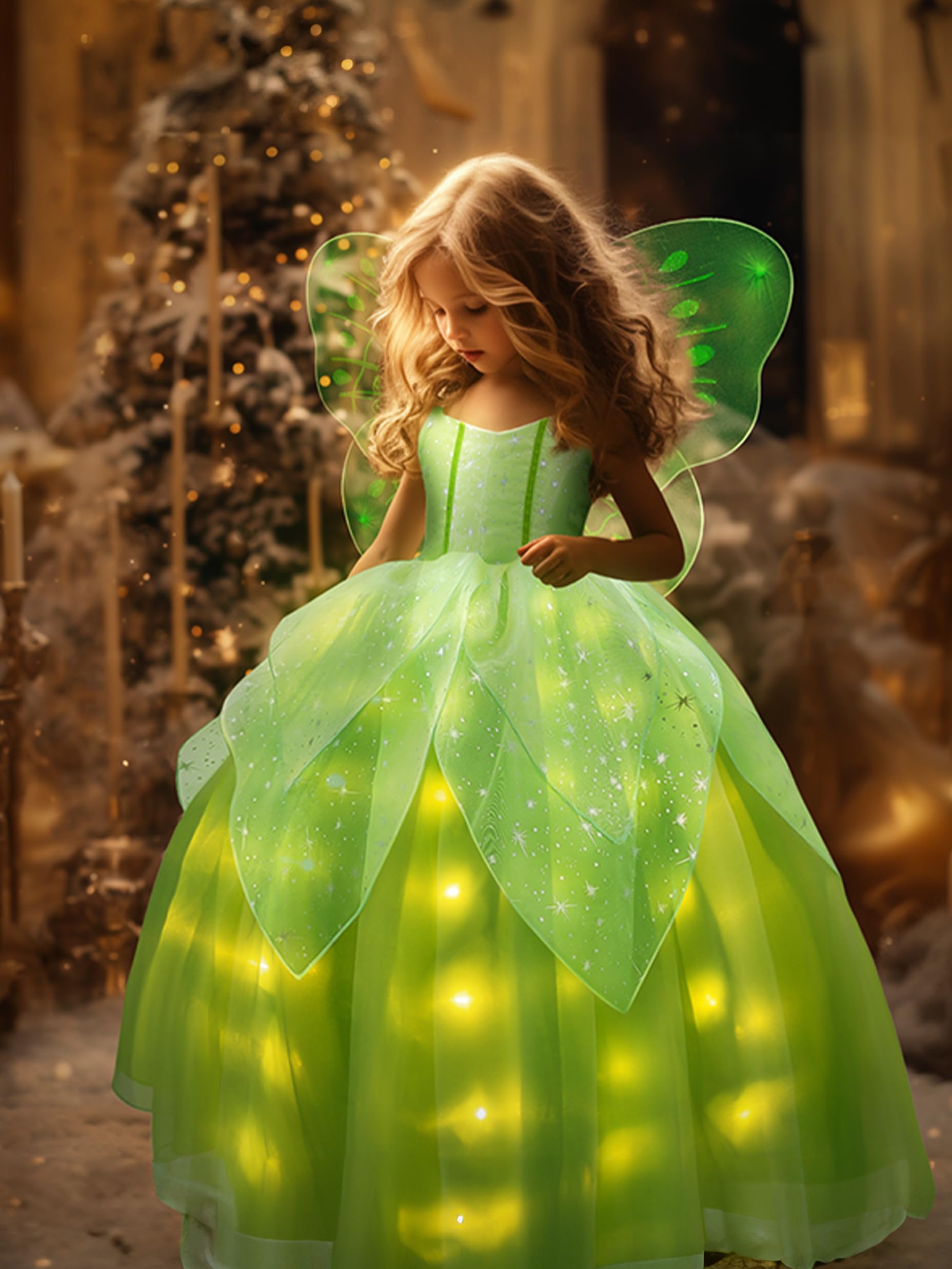 UPORPOR Light Up Fairy Costumes Girls Halloween Dress Kids Dressing Up Clothes Birthday Party Fancy led Costume, with Wing Green, 110