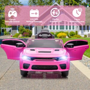 SEGMART 12V Kids Ride on Car Licensed Dodge Charger Electric Car for Kids with Remote Control, 3 Speed Kids Electric Vehicles with Suspension System, LED Light, MP3 & Bluetooth (Pink)