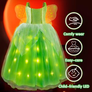 UPORPOR Light Up Fairy Costumes Girls Halloween Dress Kids Dressing Up Clothes Birthday Party Fancy led Costume, with Wing Green, 110