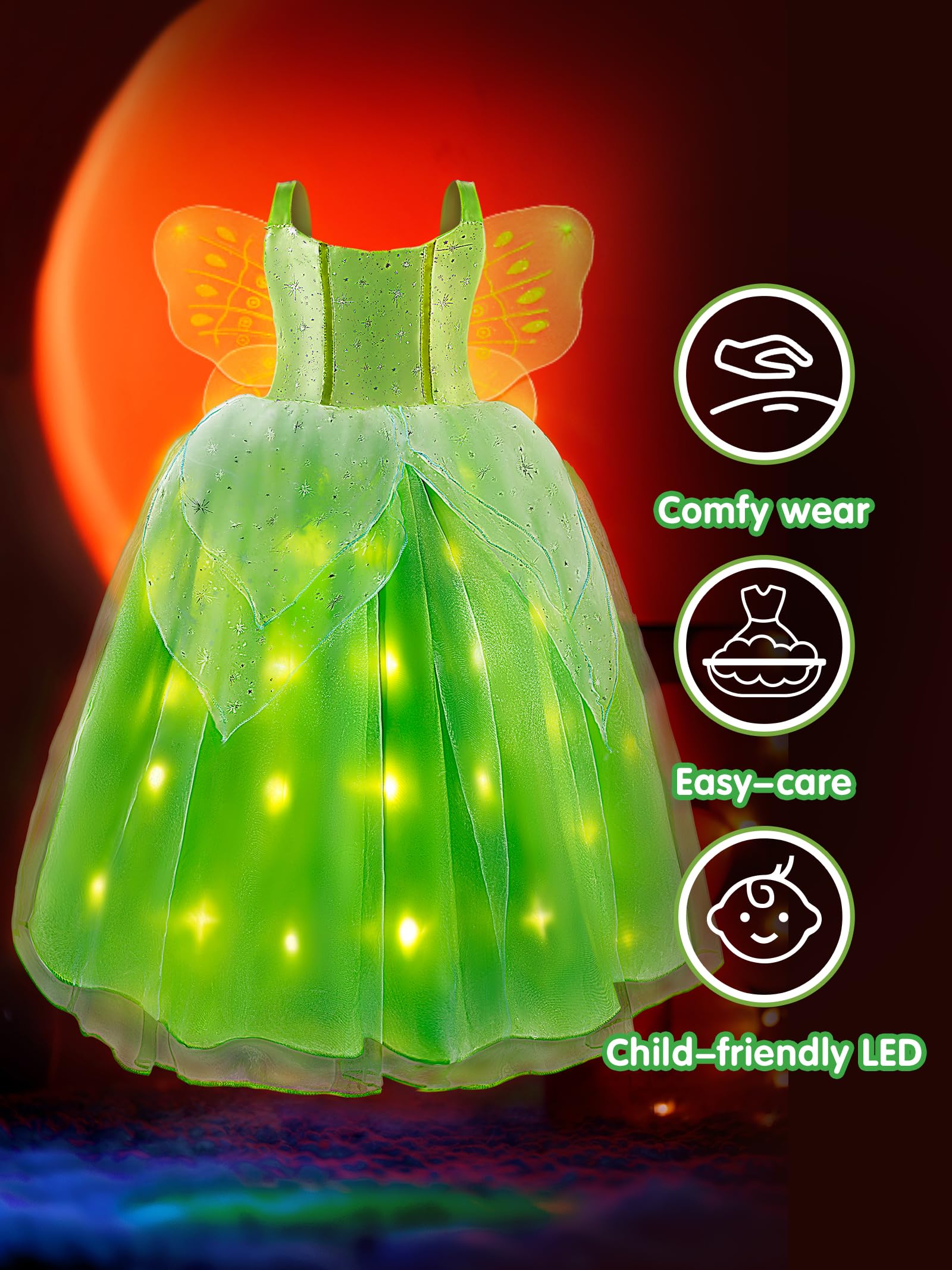 UPORPOR Light Up Fairy Costumes Girls Halloween Dress Kids Dressing Up Clothes Birthday Party Fancy led Costume, with Wing Green, 110