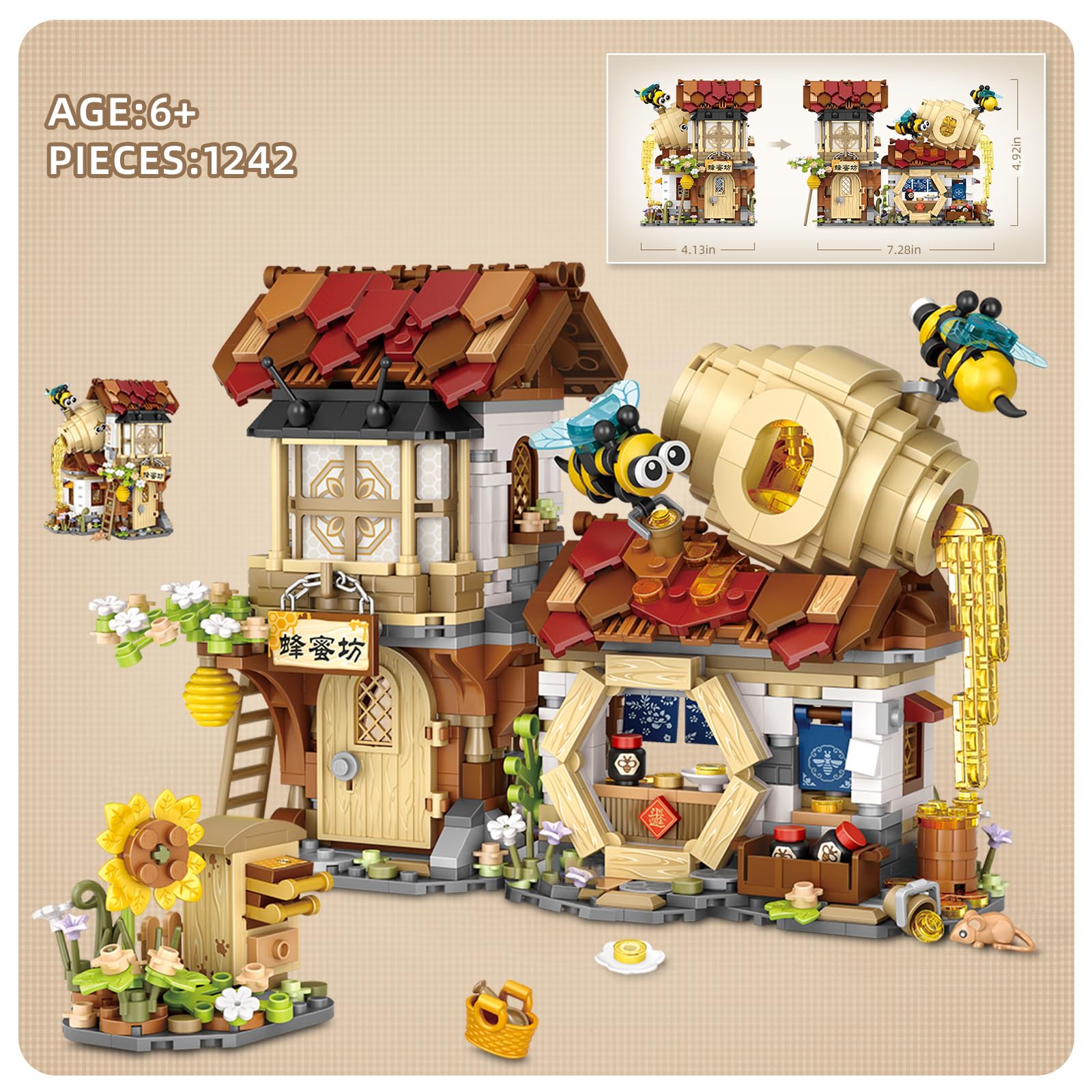 QLT QIAOLETONG Honey Workshop Mini Building Blocks, MOC Creative Building Toys Model Set for 7-9 Years Old Girls Boys, 1242 PCS Simulation Architecture Construction Toy, Gift Idea for Kids Adults