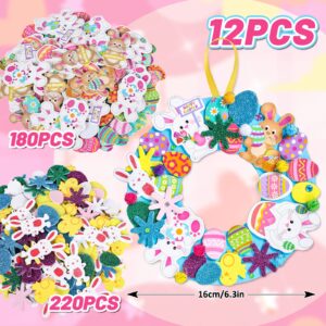 Whaline 12 Sets Easter Foam Stickers Easter Wreath Signs with 400Pcs Cute Bunny Egg Stickers, Rhinestone Sticker, 100Pcs Pom Balls and Yellow Ribbons DIY Foam Wreath Signs for Easter Holiday Party Art