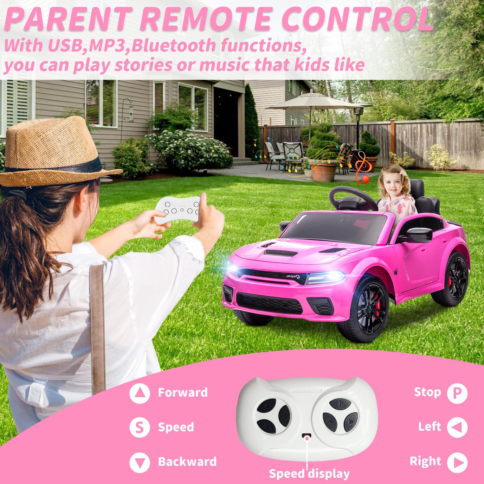 SEGMART 12V Kids Ride on Car Licensed Dodge Charger Electric Car for Kids with Remote Control, 3 Speed Kids Electric Vehicles with Suspension System, LED Light, MP3 & Bluetooth (Pink)