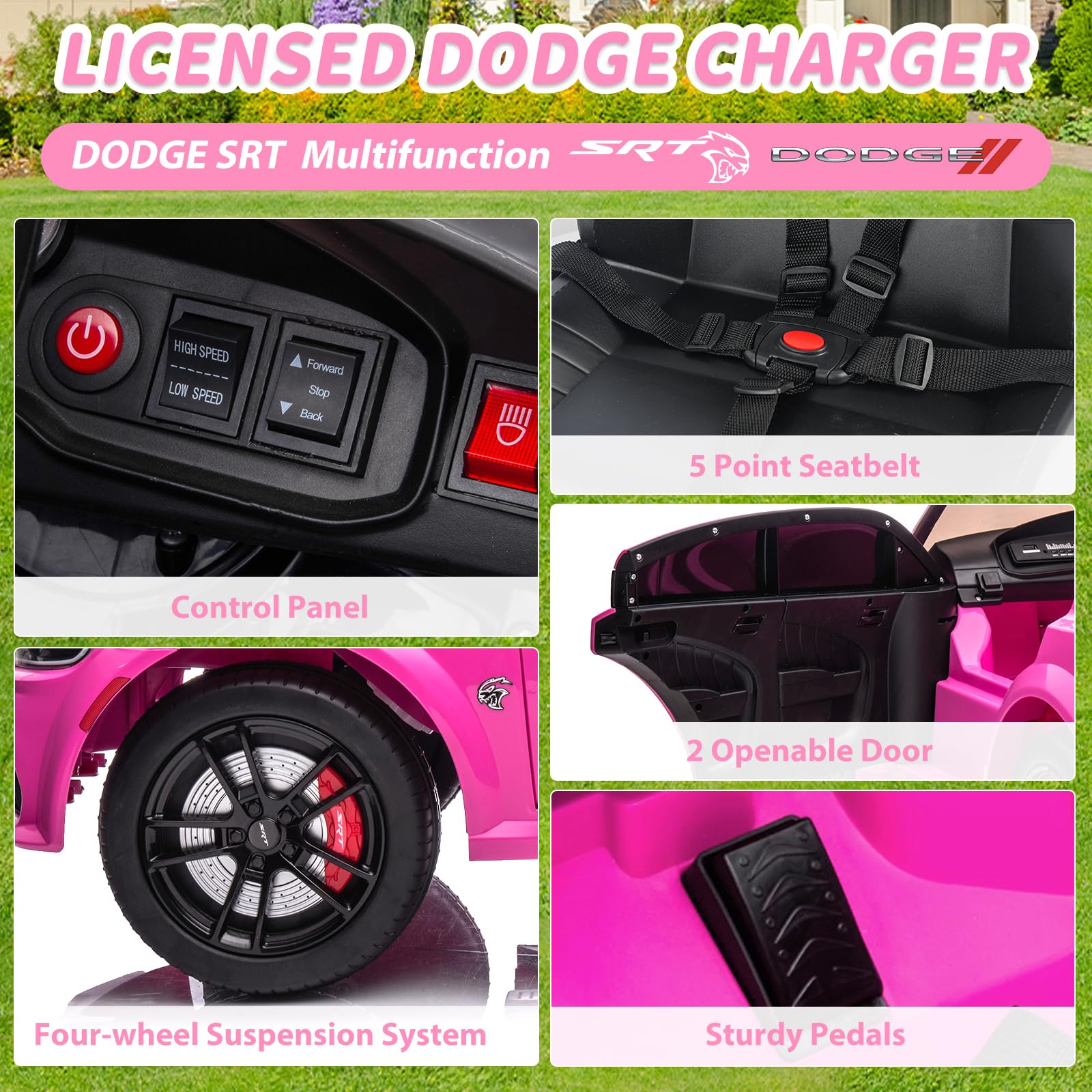 SEGMART 12V Kids Ride on Car Licensed Dodge Charger Electric Car for Kids with Remote Control, 3 Speed Kids Electric Vehicles with Suspension System, LED Light, MP3 & Bluetooth (Pink)