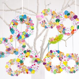 Whaline 12 Sets Easter Foam Stickers Easter Wreath Signs with 400Pcs Cute Bunny Egg Stickers, Rhinestone Sticker, 100Pcs Pom Balls and Yellow Ribbons DIY Foam Wreath Signs for Easter Holiday Party Art