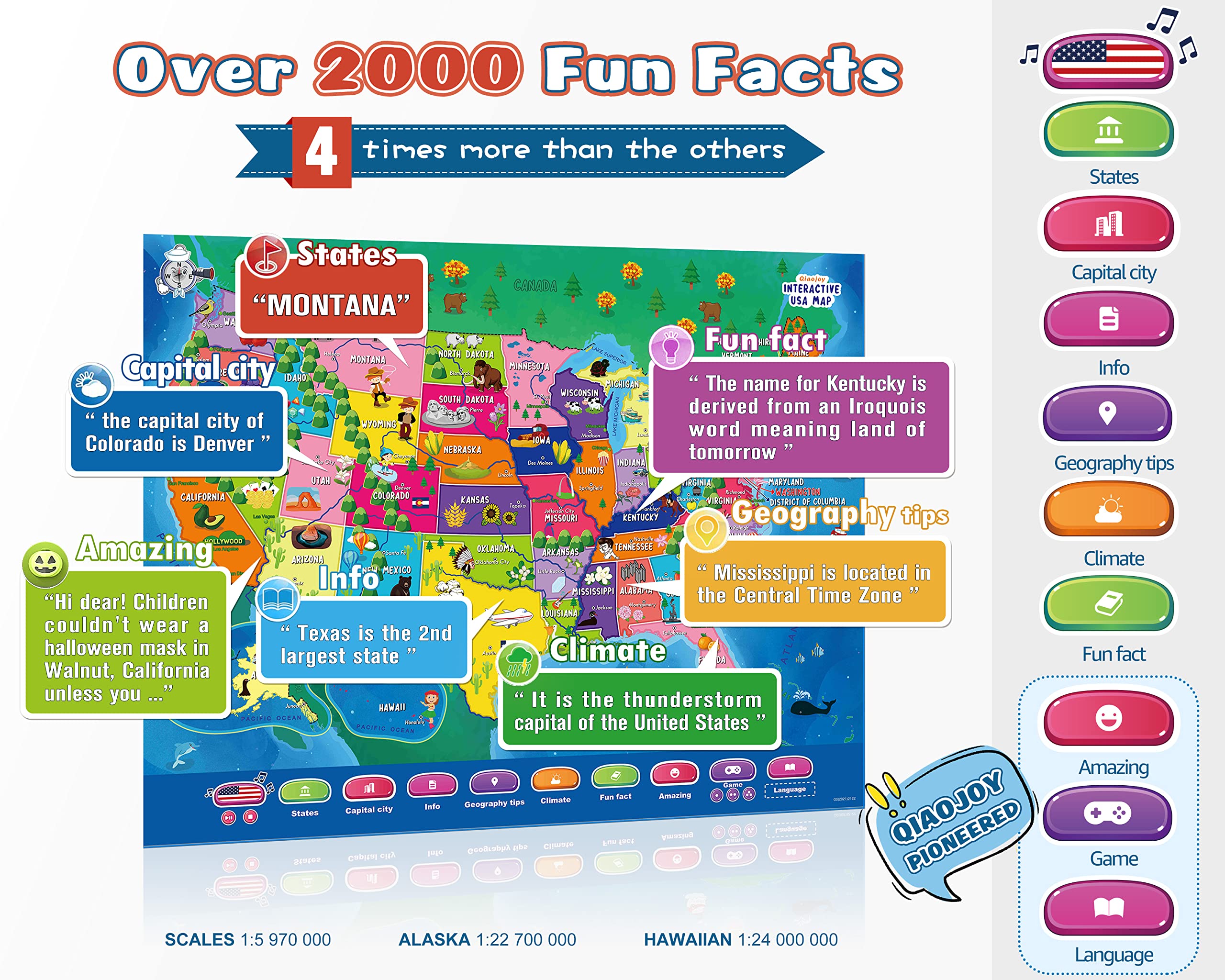 Qiaojoy Bilingual Interactive Map for Kids Talking USA Map for Kids Learning Geography Toys Games Ages 3 to 12 Educational Electronic USA Map i-Poster Gift for 4 5 6 7 8 9 10 Year Old Girls Boys