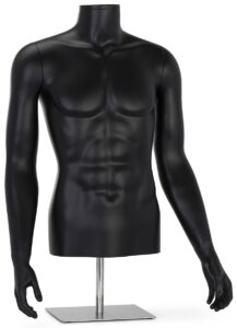 displays2go headless male torso mannequin with metal base, removable arms - matte black (smmmatba)