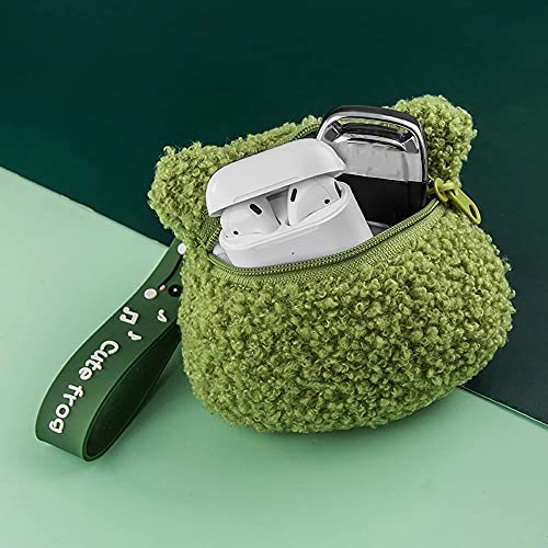 Cute Green Plush Frog Coin Purse Kawaii Frog Coin Wallets Pouch Plush Keychain for Headset Key Credit Card Holder Storage Bag