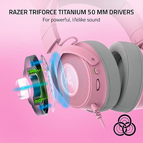 Razer Kraken Kitty V2 Pro Wired RGB Headset: Interchangeable Ears (Kitty, Bear, Bunny) - Stream Reactive Lighting - Detachable HyperClear Cardioid Mic - 50mm Drivers - 7.1 Surround Sound - Quartz Pink