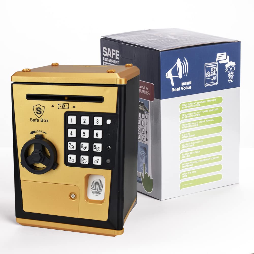 LIKE Toy Piggy Bank Safe Box Fingerprint ATM Bank ATM Machine Money Coin Savings Bank for Kids (Golden)