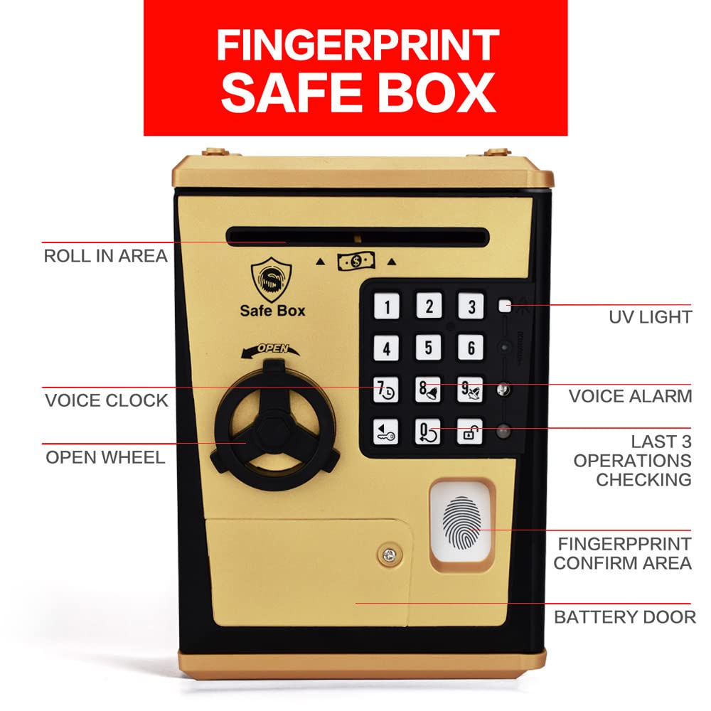 LIKE Toy Piggy Bank Safe Box Fingerprint ATM Bank ATM Machine Money Coin Savings Bank for Kids (Golden)