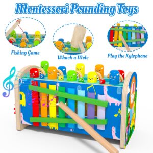 8 in 1 Wooden Montessori Toys for 1 2 3 4 Year Old Boys Girls Whack a Mole Game Hammering and Pounding Toys with Xylophone Fishing Game Toddlers Educational Developmental Learning Toys Gifts