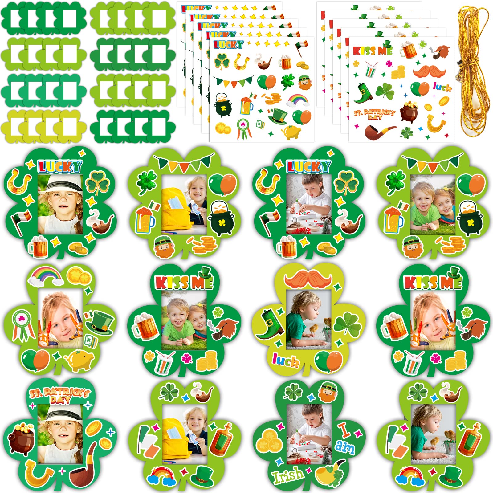 chiazllta 32 Packs St. Patrick's Day Picture Frame Craft Kits for Kids, Ireland DIY Shamrock Craft Holiday Art Favor Home Class Game Activities for Kindergarten Preschool