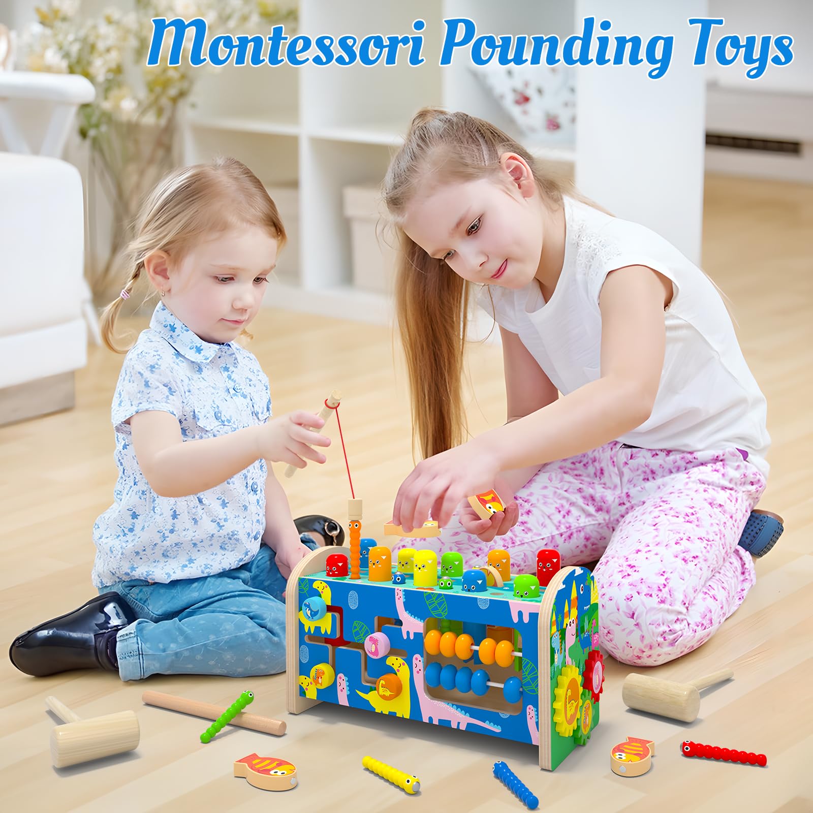 8 in 1 Wooden Montessori Toys for 1 2 3 4 Year Old Boys Girls Whack a Mole Game Hammering and Pounding Toys with Xylophone Fishing Game Toddlers Educational Developmental Learning Toys Gifts