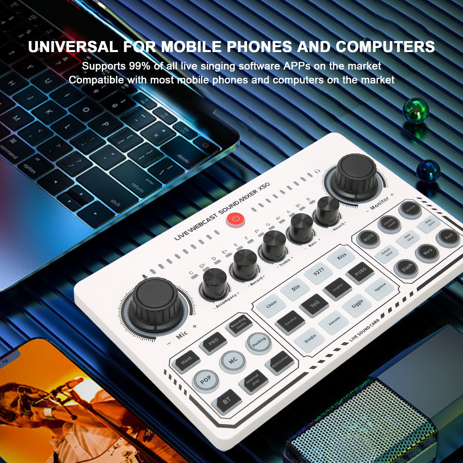 Professional Audio Mixer, Podcast Equipment Bundle, USB External Sound Card with 12 Warm Up Sound Effects, Live Sound Card and Audio Interface for Live Streaming Podcast Recording