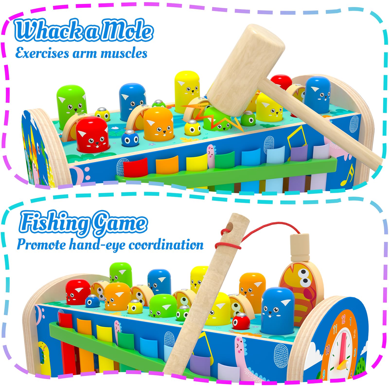 8 in 1 Wooden Montessori Toys for 1 2 3 4 Year Old Boys Girls Whack a Mole Game Hammering and Pounding Toys with Xylophone Fishing Game Toddlers Educational Developmental Learning Toys Gifts