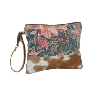 Myra Bag Western Upcycled Pouch Bag for Women - Canvas Hair On Leather Wristlet Handbag Starlit