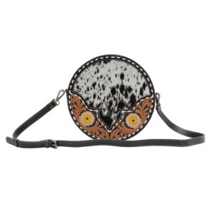 myra bag western leather round bag for women - crossbody purse shoulder bag flax blossom