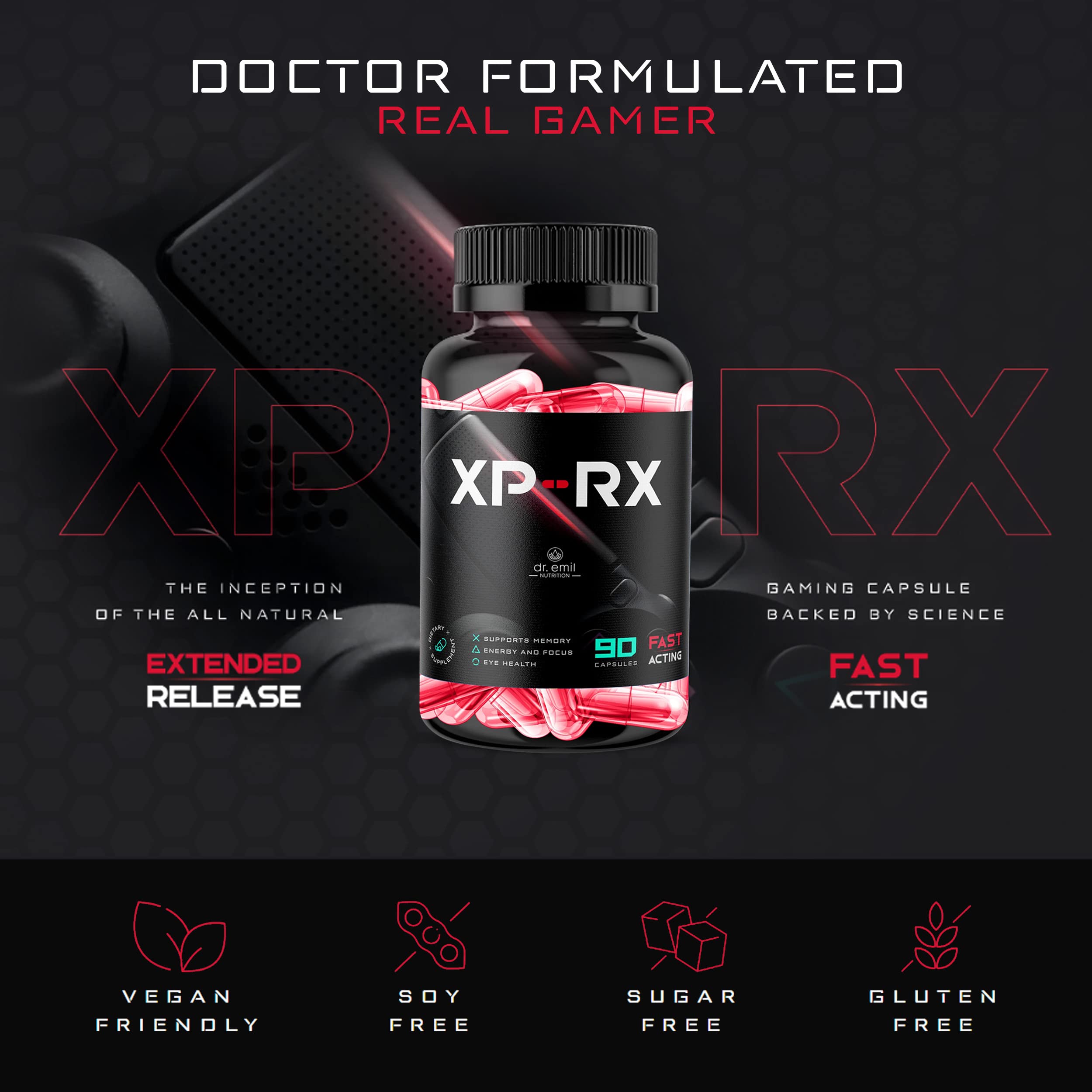 XP-RX Gamer Supplement for Energy, Focus & Endurance - Zero Crash Gaming Pills with 100mg Caffeine - Sugar Free Gaming Supplement by Dr. Emil