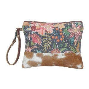 Myra Bag Western Upcycled Pouch Bag for Women - Canvas Hair On Leather Wristlet Handbag Starlit