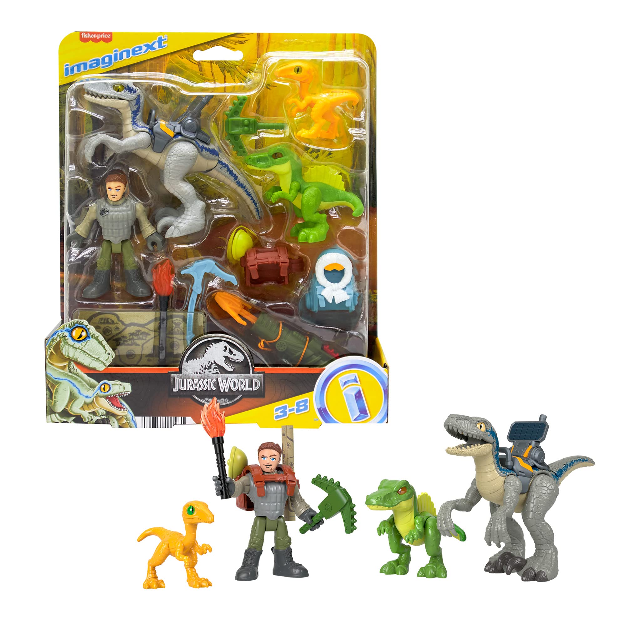 Fisher-Price Imaginext Jurassic World Dinosaur Toys Track & Trail Dino Pack Play Set with Owen Grady & Blue The Raptor for Ages 3+ Years