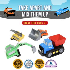 POPULAR PLAYTHINGS Magnetic Build-a-Truck Construction Set of 4 Construction Vehicles with Real Construction Site Sounds