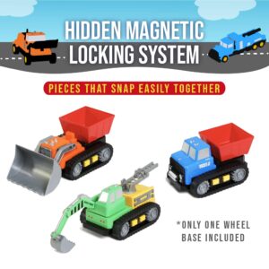 POPULAR PLAYTHINGS Magnetic Build-a-Truck Construction Set of 4 Construction Vehicles with Real Construction Site Sounds