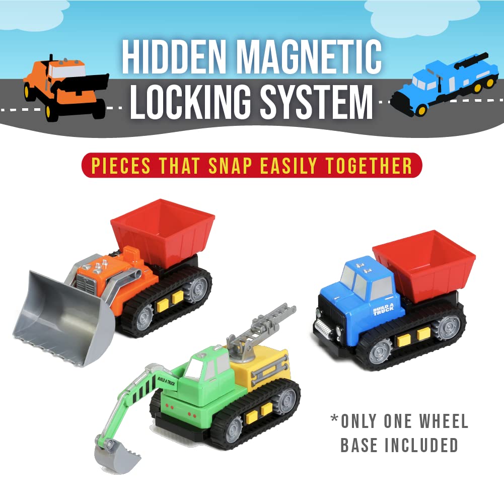 POPULAR PLAYTHINGS Magnetic Build-a-Truck Construction Set of 4 Construction Vehicles with Real Construction Site Sounds