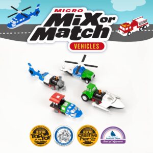 Popular Playthings Micro Mix or Match Vehicles Deluxe Set of 4 Toy Train, Toy Spaceship, Toy Tractor, & Toy Helicopter Multicolor