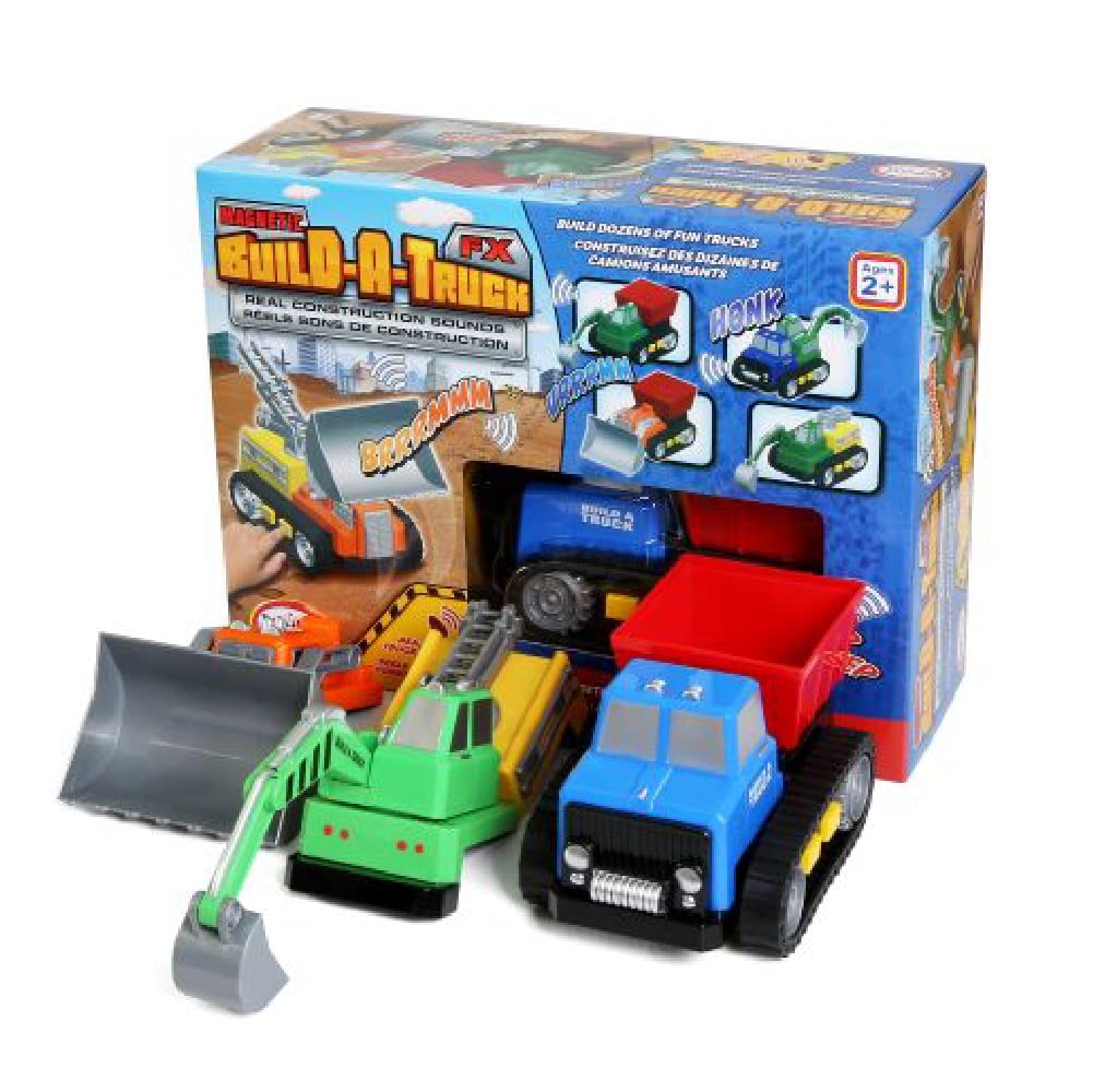 POPULAR PLAYTHINGS Magnetic Build-a-Truck Construction Set of 4 Construction Vehicles with Real Construction Site Sounds