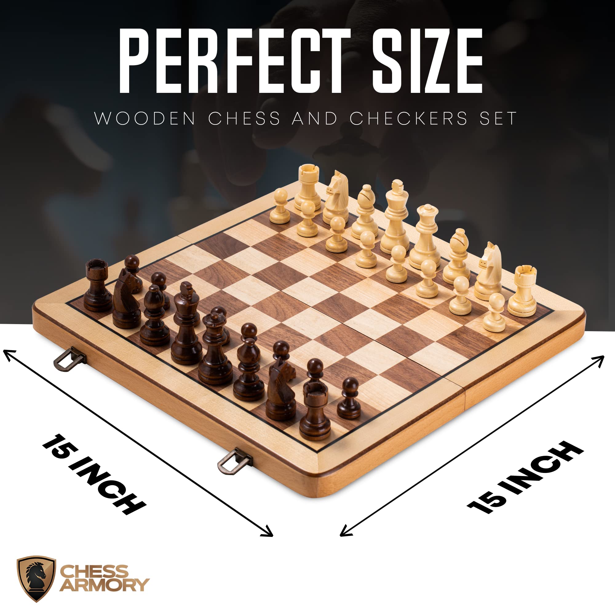 Chess Armory Premium Checkers and Chess Set - Wooden Board Game with a Portable Wood Case and Secure Storage for Pieces, Set for Kids and Adults (Beech Wood)