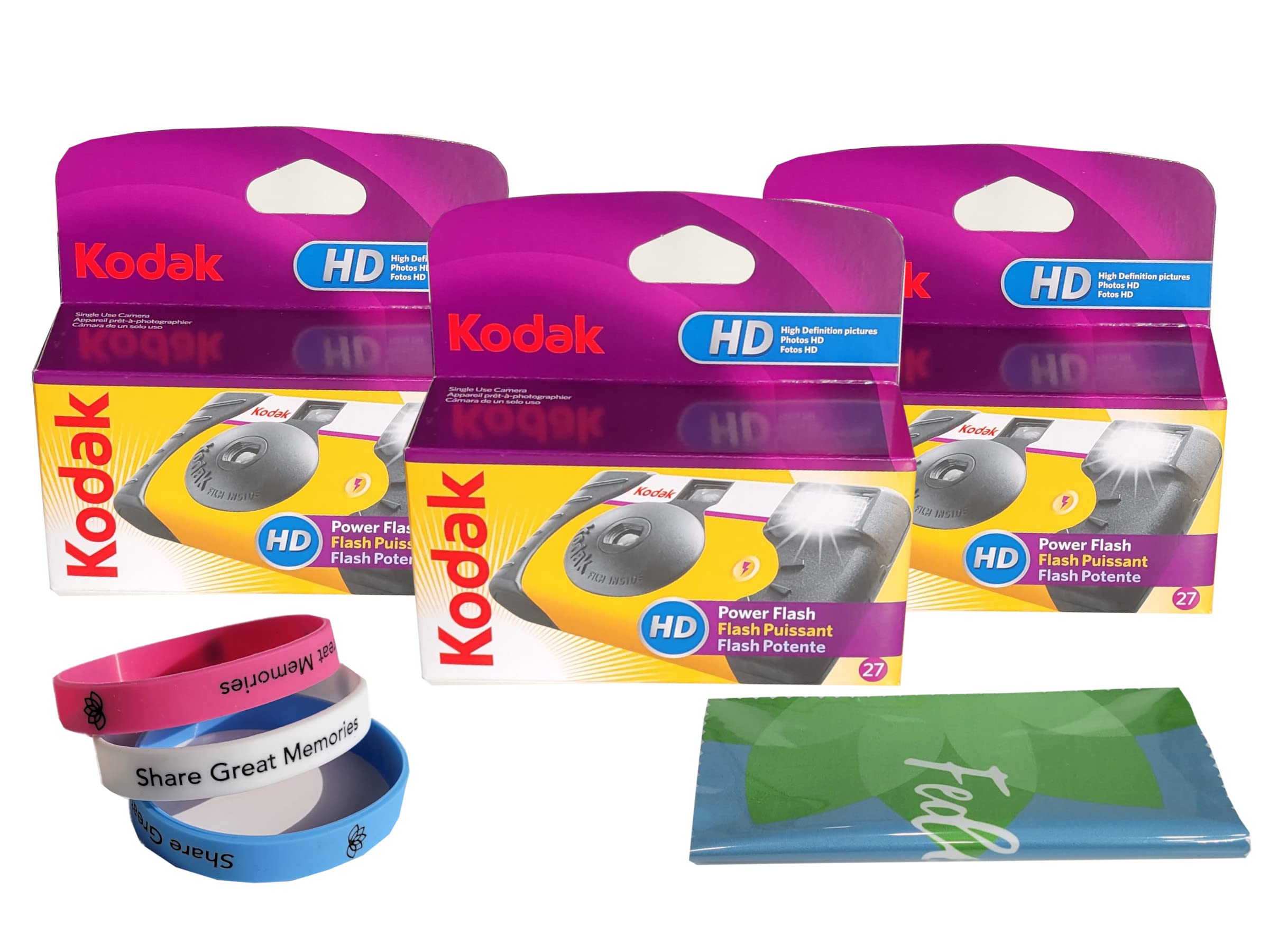 Kodak Power Flash Disposable Single Use Camera 800 ISO 35mm with Flash 27 Exposures (Multi Pack) Plus Bonus Silicone Wrist Band and a Microfiber Cleaning Cloth (3 Pack)