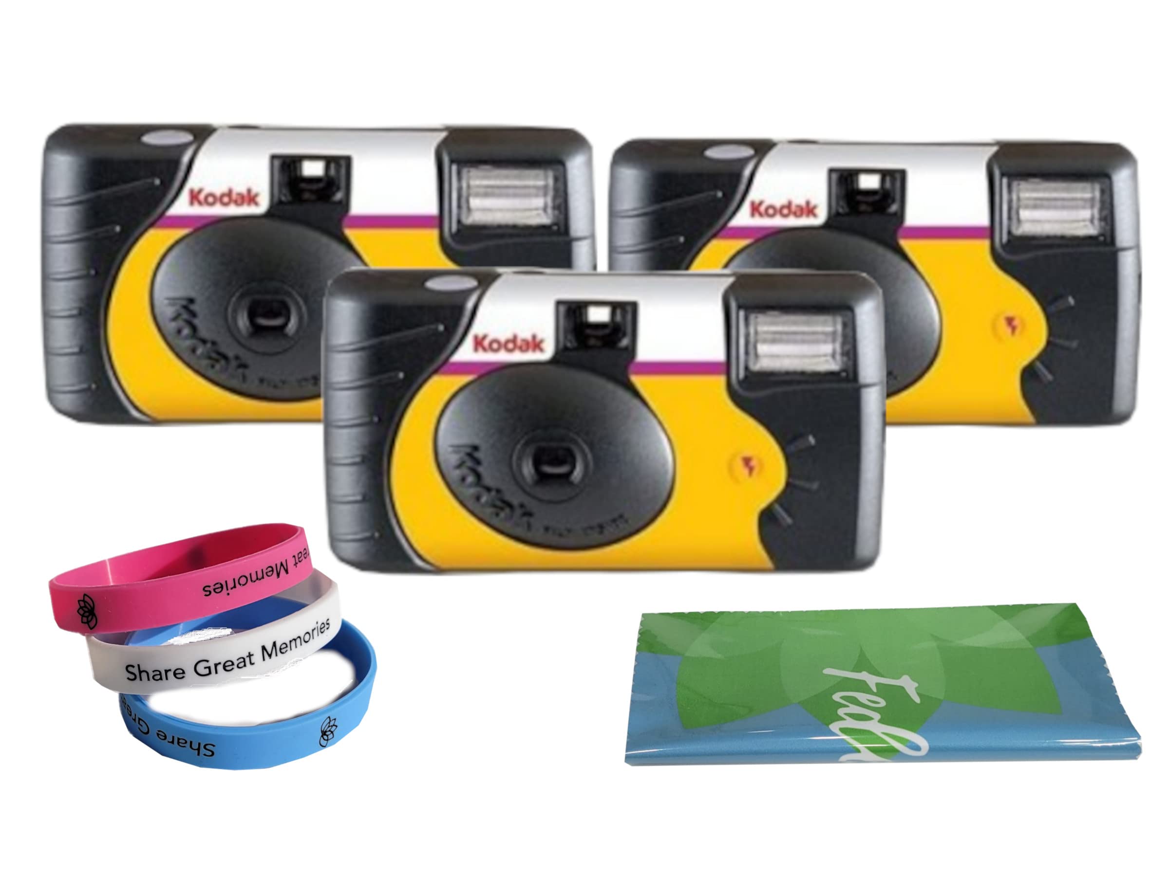 Kodak Power Flash Disposable Single Use Camera 800 ISO 35mm with Flash 27 Exposures (Multi Pack) Plus Bonus Silicone Wrist Band and a Microfiber Cleaning Cloth (3 Pack)