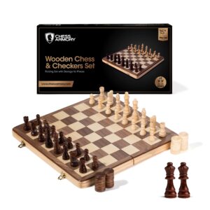 chess armory chess and checkers chess set, wooden chess and checkers board game with 15inch wood box