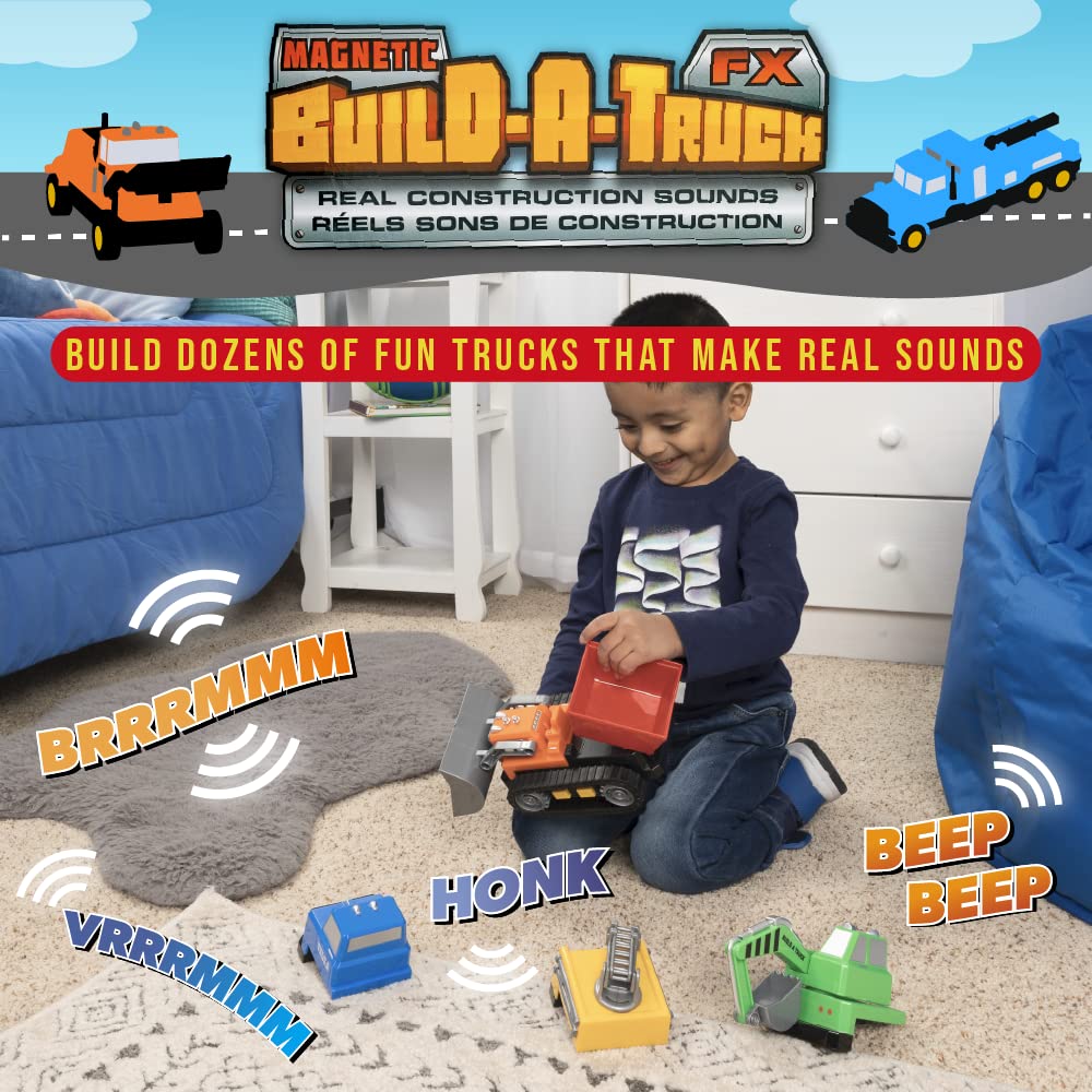 POPULAR PLAYTHINGS Magnetic Build-a-Truck Construction Set of 4 Construction Vehicles with Real Construction Site Sounds