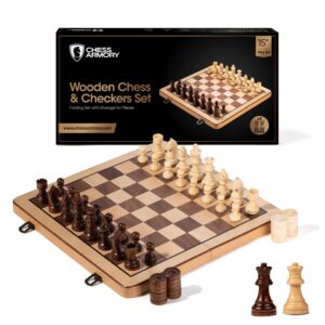 chess armory premium checkers and chess set - wooden board game with a portable wood case and secure storage for pieces, set for kids and adults (beech wood)