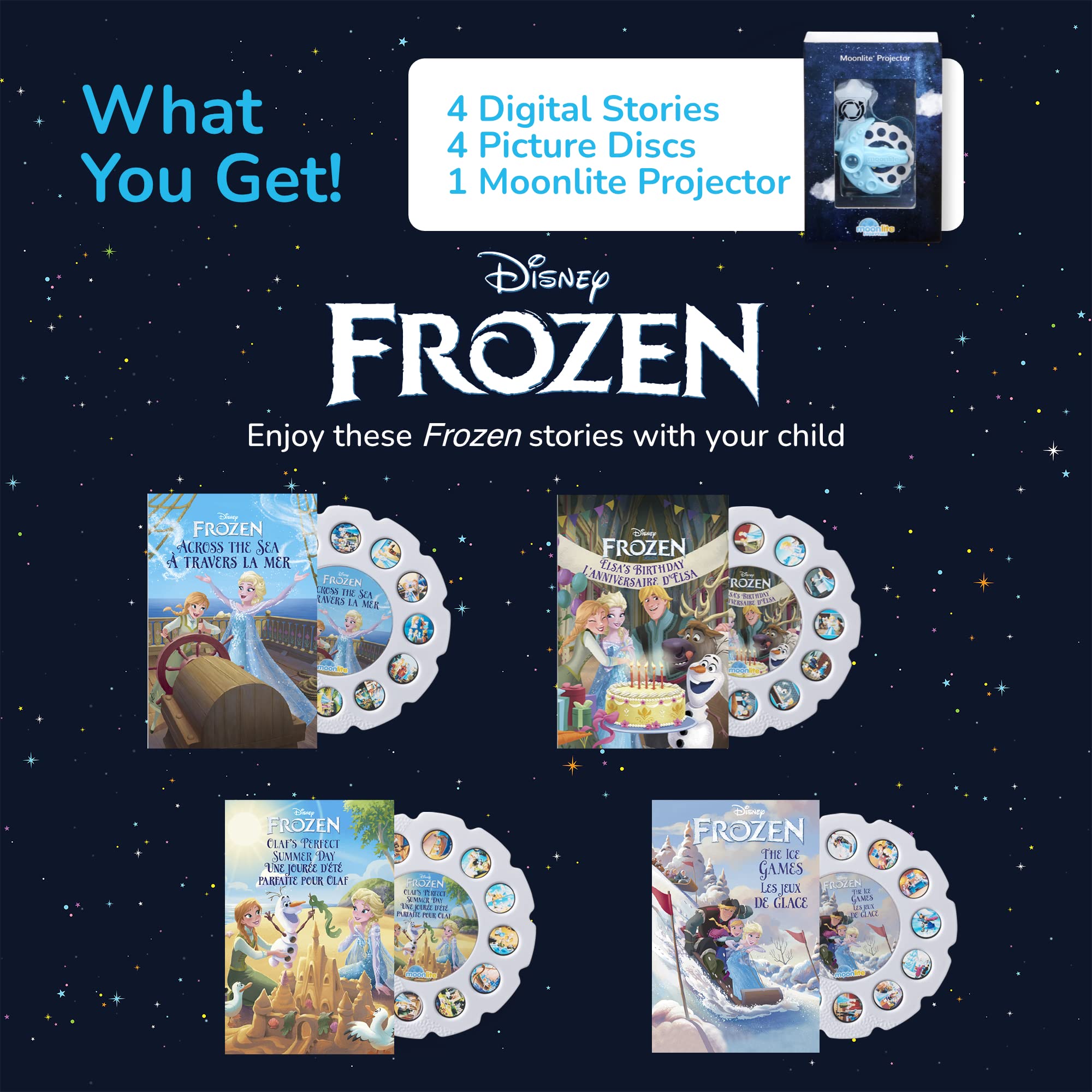 Moonlite Storytime Mini Projector with 4 Disney Frozen Stories, A Magical Way to Read Together, Digital Princess Storybooks, Fun Sound Effects, Learning Gifts for Kids Ages 1 and Up