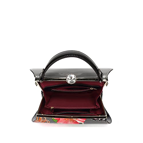 FLORAL FAUX PATENT LEATHER SATCHEL